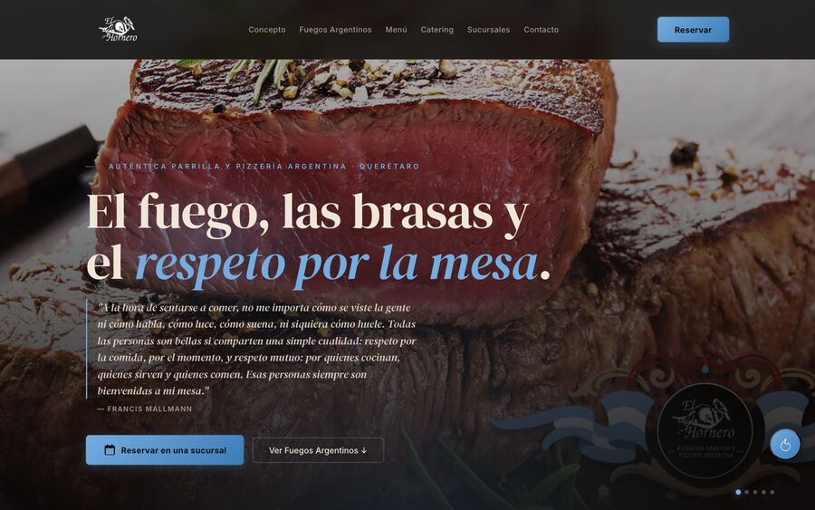 Sitio web de El Hornero · Restaurante creado por Neruc Prime
